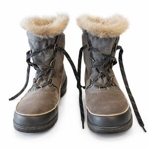 SOREL Women’s Winter Boots Faux Fur Trim Gray/Taupe Suede Size 8